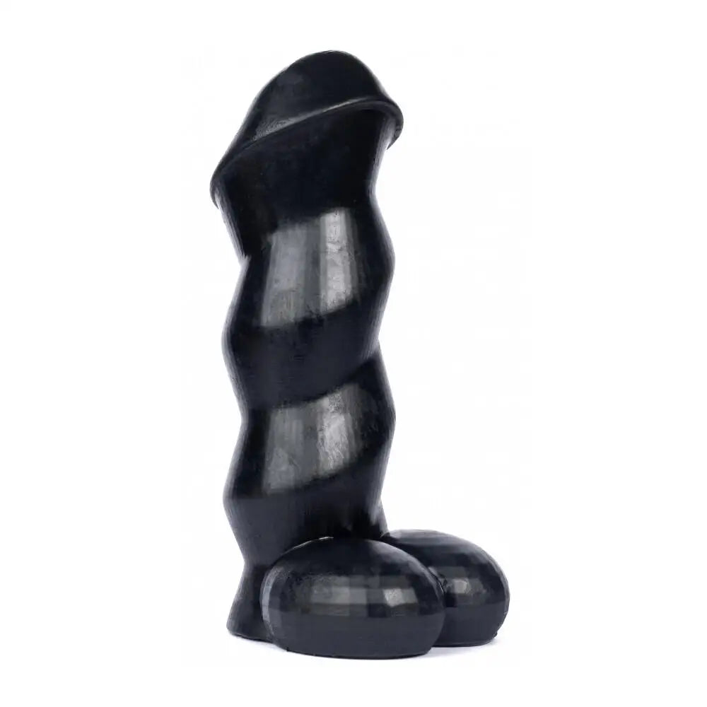 9-inch Massive Hunglock Ribbed Black Dildo with Balls - Peaches and Screams