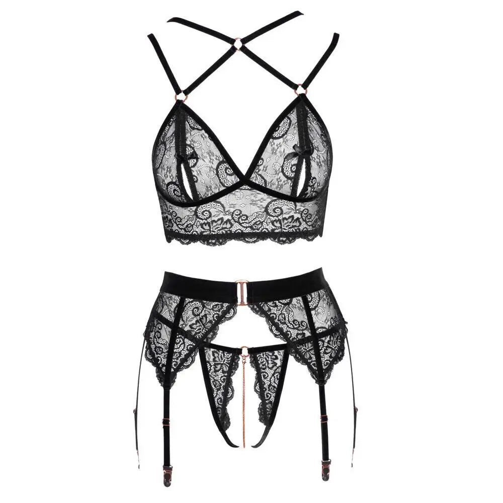 Abierta fina black lacey open suspender bra set - small - peaches and screams