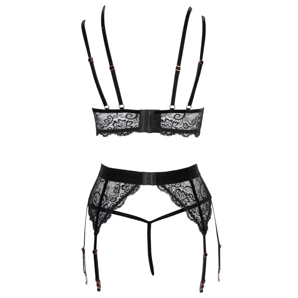 Abierta fina black lacey open suspender bra set - x large - peaches and screams