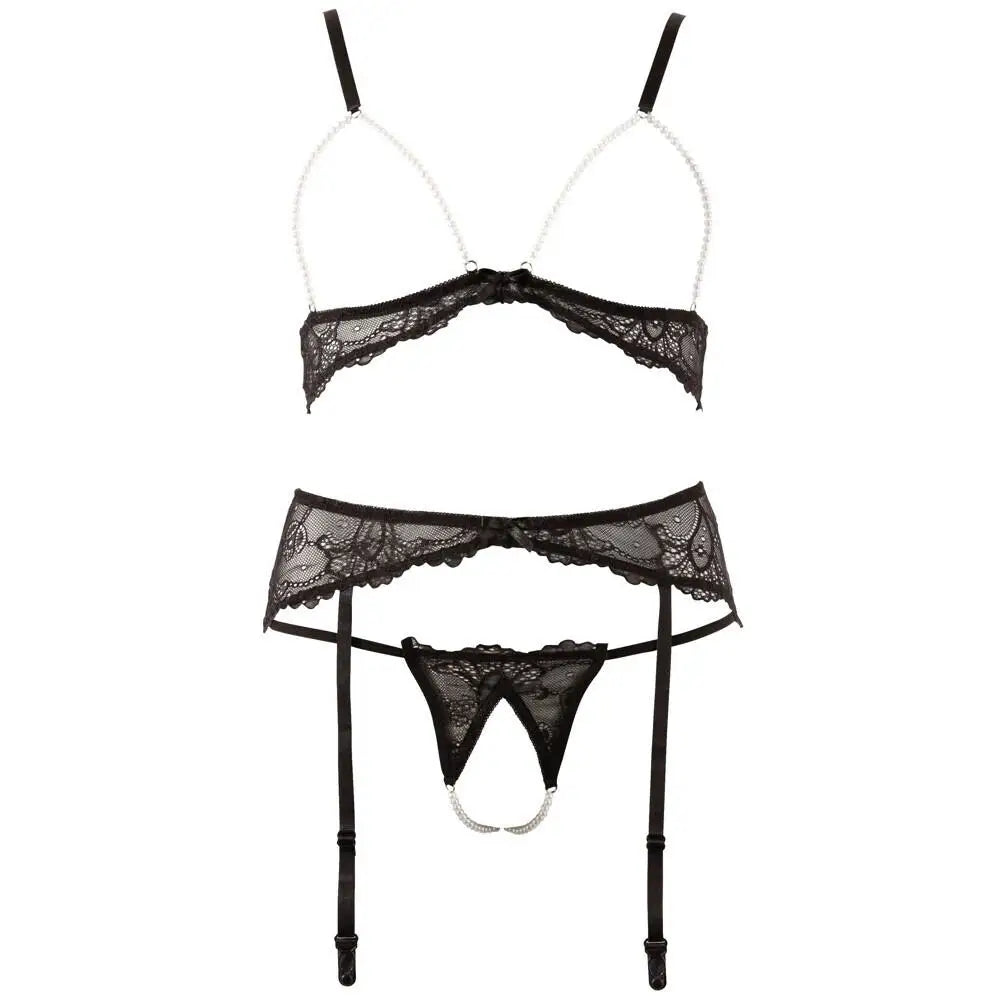 Abierta Fina Black Pearl Bra Suspender And String - Large - Peaches and Screams
