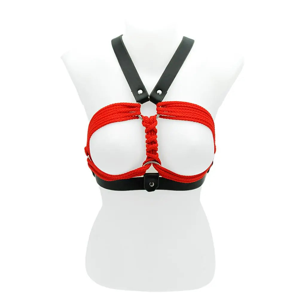 Black and Red Rope and Leather Bondage Breast Binder with Buckles - Black - Peaches and Screams