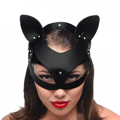 Black Bad Kitten Leather Cat Mask With Adjustable Straps - Peaches and Screams
