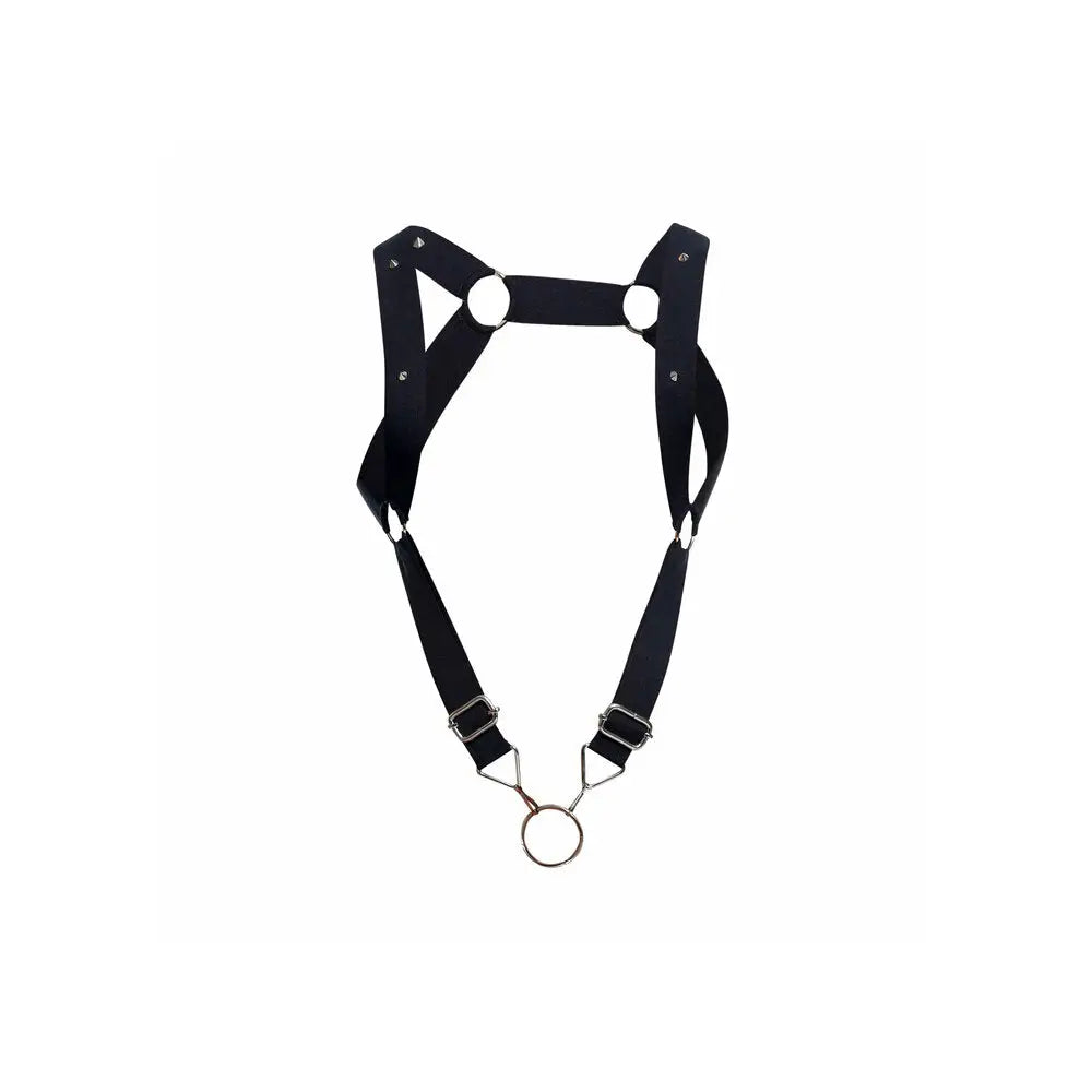 Black Bondage Elastic Straight Back Harness With Steel Cockring - Peaches and Screams