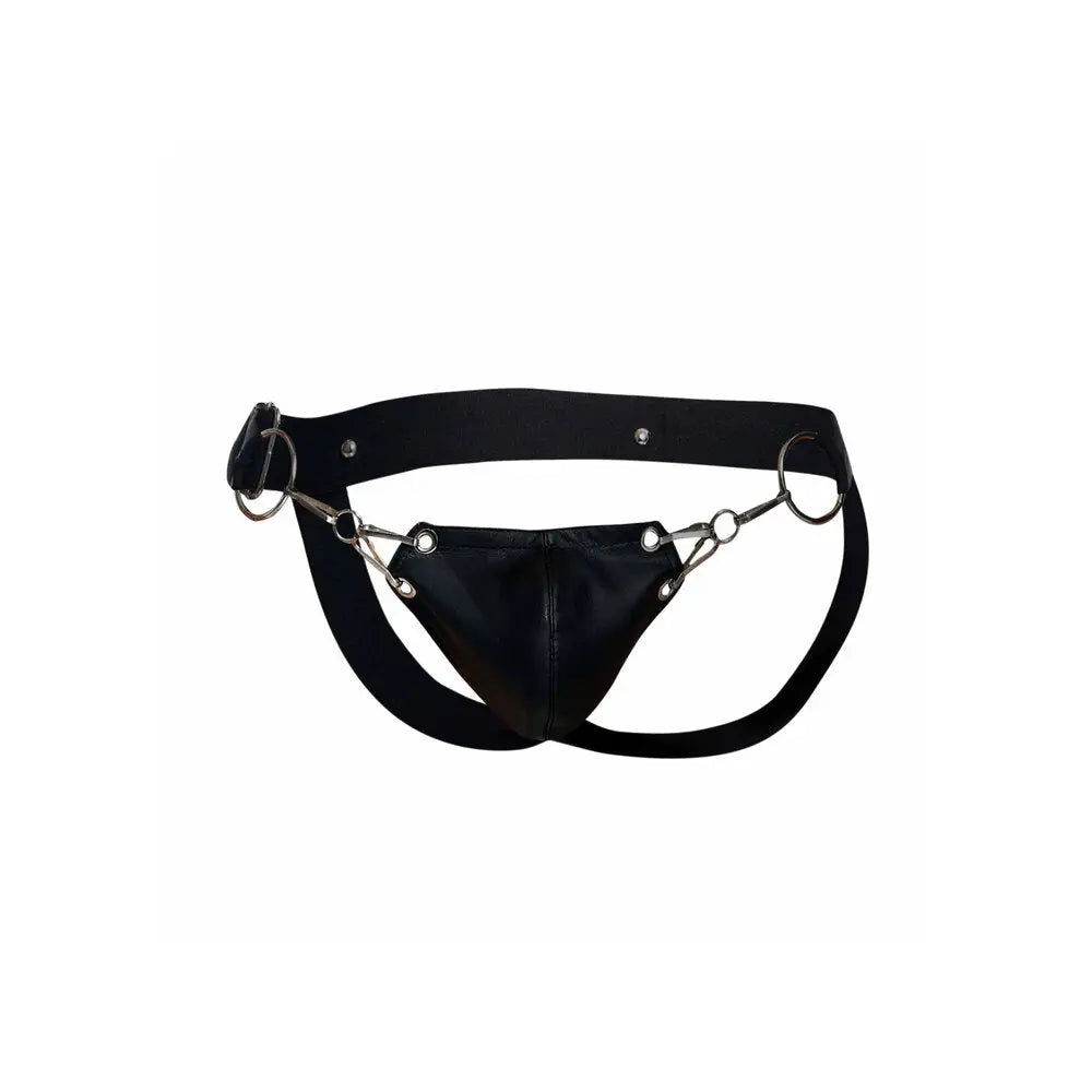 Black Erotic Faux Leather Snap Jockstrap For Men - Peaches and Screams