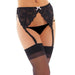 Black Floral Lace Suspender Set With Sheer Stockings And White Bow - Peaches and Screams