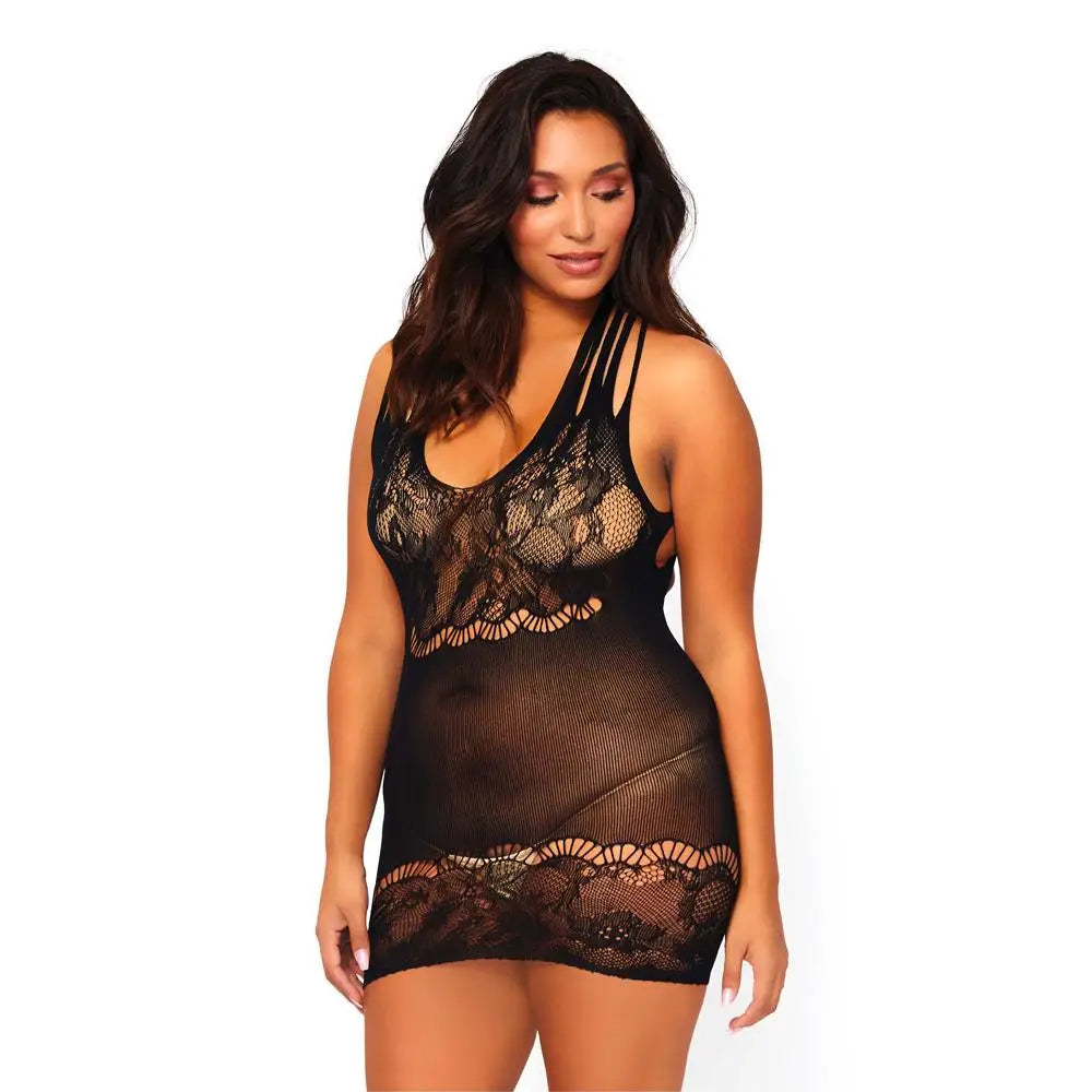 Black Lace Mini - dress With Strappy Back Detail Uk 16 - 18 - Peaches and Screams