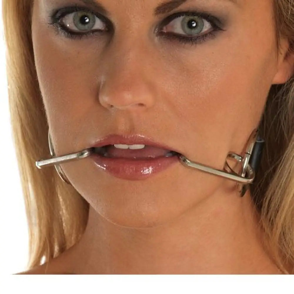 Black Leather Adjustable Mouth Gag Strap with Metal Smile Hooks - Peaches and Screams