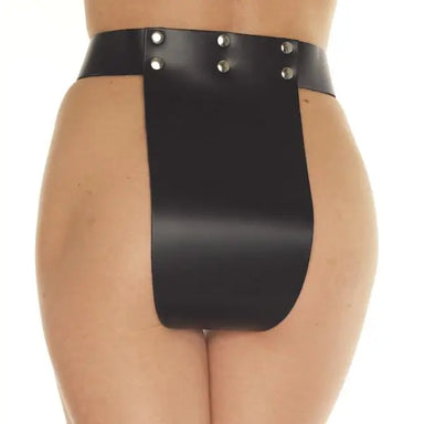 Black Leather Open Crotch Chastity Brief With Padlock Front - Peaches and Screams