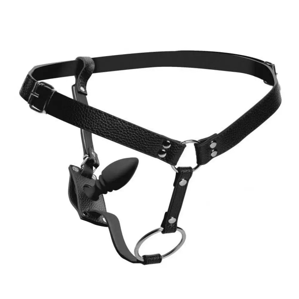 Black Male Cock Ring Harness with Silicone Butt Plug - Peaches and Screams