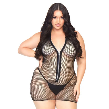 Black Open Back Fishnet Zip Up Halter Plus Size Mini Dress Uk 18 To 22 - Peaches and Screams