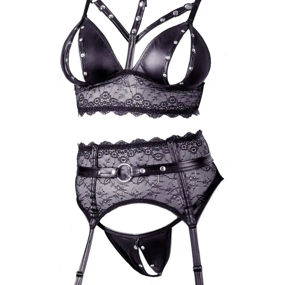 Cottelli Black Bondage Lace Set With Adjustable Suspender Straps - Large - Peaches and Screams