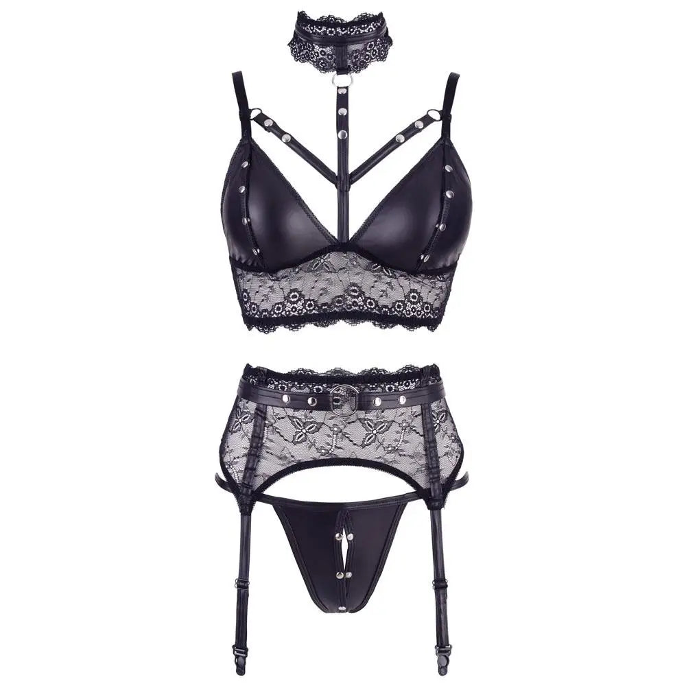 Cottelli Black Bondage Lace Set With Adjustable Suspender Straps - X Large - Peaches and Screams