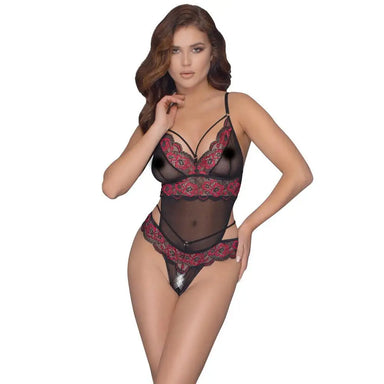 Cottelli Stretchy Sexy Wet Look Black Bodysuit With Lace - L/XL - Peaches and Screams