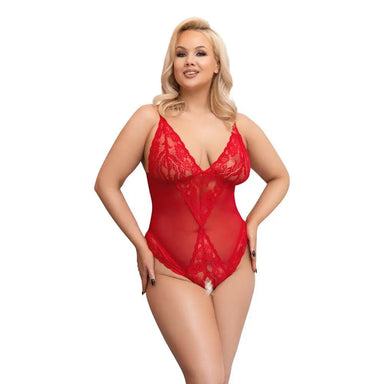 Cottelli Wet Look Sexy Red Crotchless Bodysuit - X Large - Peaches and Screams