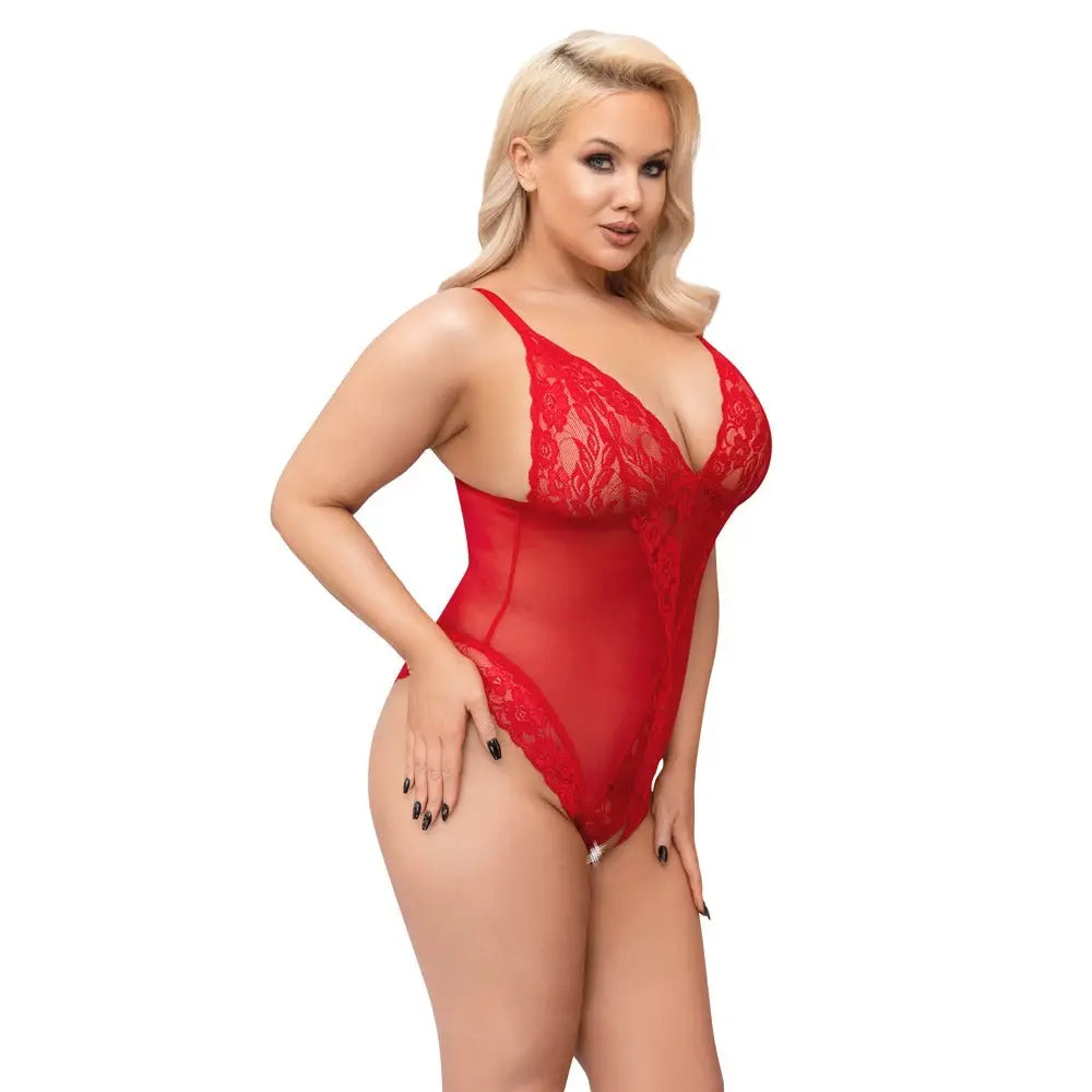 Cottelli Wet Look Sexy Red Crotchless Bodysuit - XXXL - Peaches and Screams