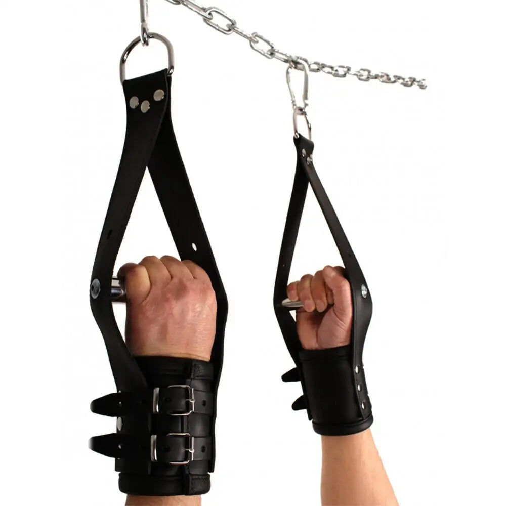 Deluxe black bondage leather suspension handcuffs with buckles - peaches and screams