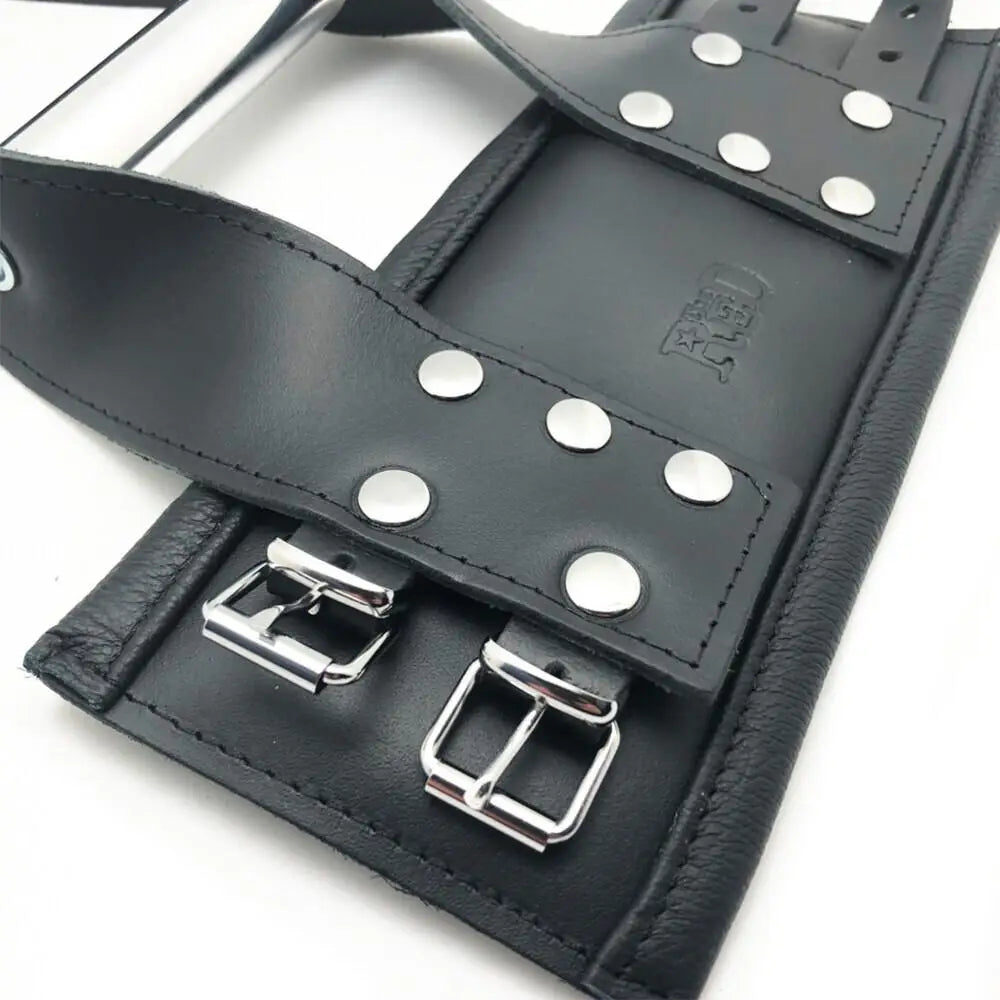 Deluxe black bondage leather suspension handcuffs with buckles - peaches and screams
