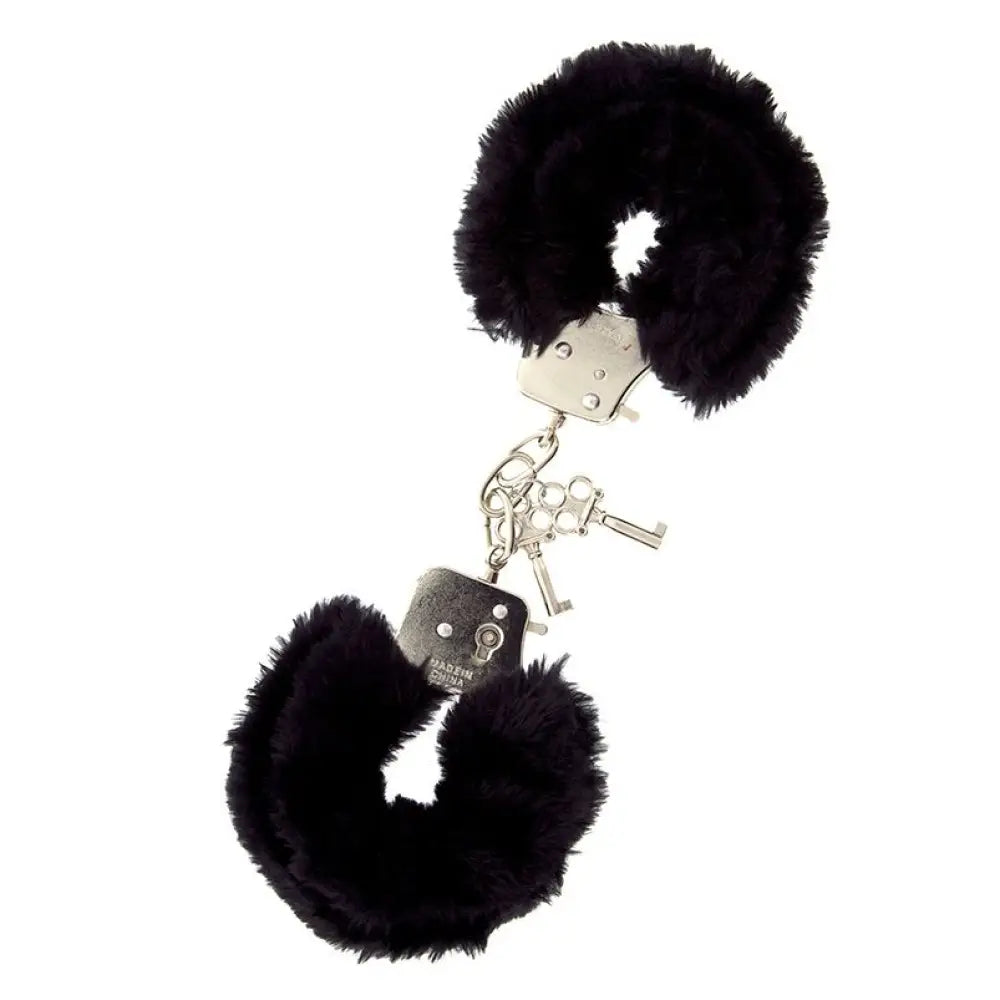 Dream Toys Furry Fun Black Plush Metal Handcuffs with 2 Keys - Peaches and Screams