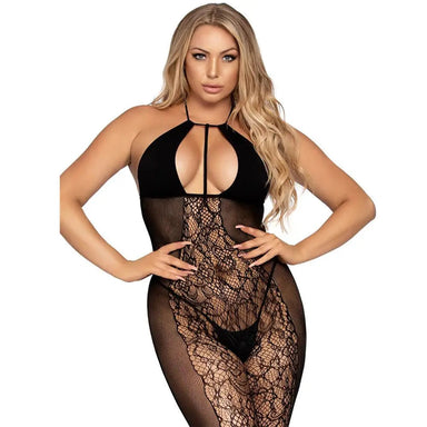 Leg Avenue Black Lace And Opaque Plus Size Bodystocking Uk 6 To 12 - Peaches Screams