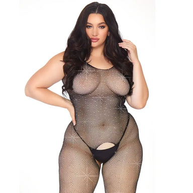 Leg Avenue Black Plus Size Crotchless Fishnet Bodystocking With Rhinestones Uk 18 To 22 - Peaches and Screams