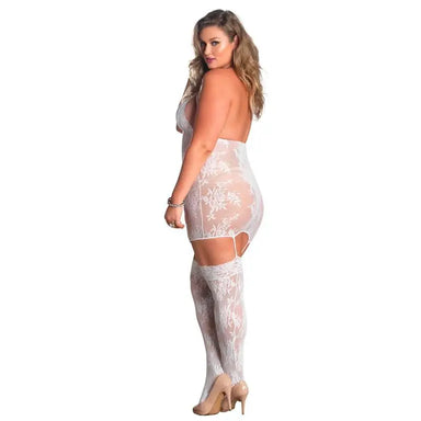Leg White Fishnet Suspender Playsuit With Floral Lace Detail - Peaches and Screams