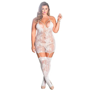 Leg White Fishnet Suspender Playsuit With Floral Lace Detail - Peaches and Screams
