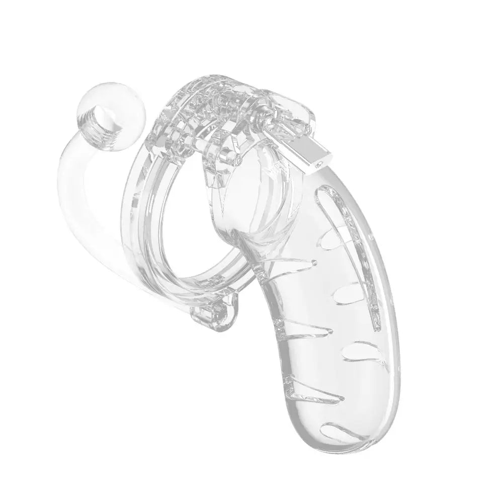 Man Cage 11 Male 4.5 Inch Clear Chastity Cage With Anal Butt Plug - Peaches and Screams