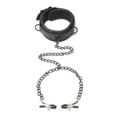Master Series Leather Black Bondage Collar With Clamps - Peaches and Screams