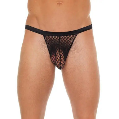 Mens Black Sexy G - string With Black Fishnet Pouch - Peaches and Screams