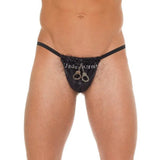 Mens black wet look g string with handcuff pouch - peaches and screams