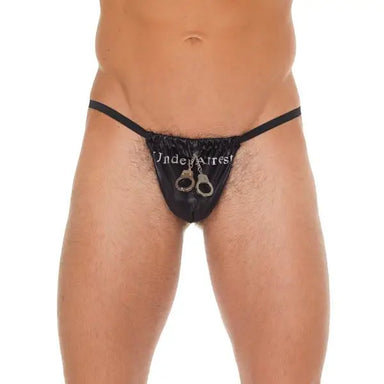 Mens Black Wet Look G-string With Handcuff Pouch - Peaches and Screams