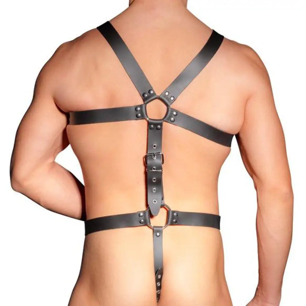 Mens leather adjustable harness with cock ring and buckles - peaches and screams