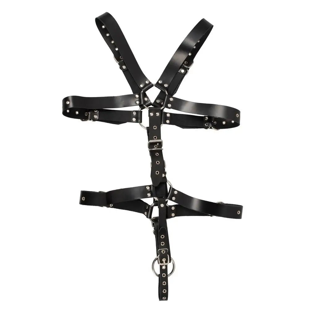 Mens leather adjustable harness with cock ring and buckles - peaches and screams