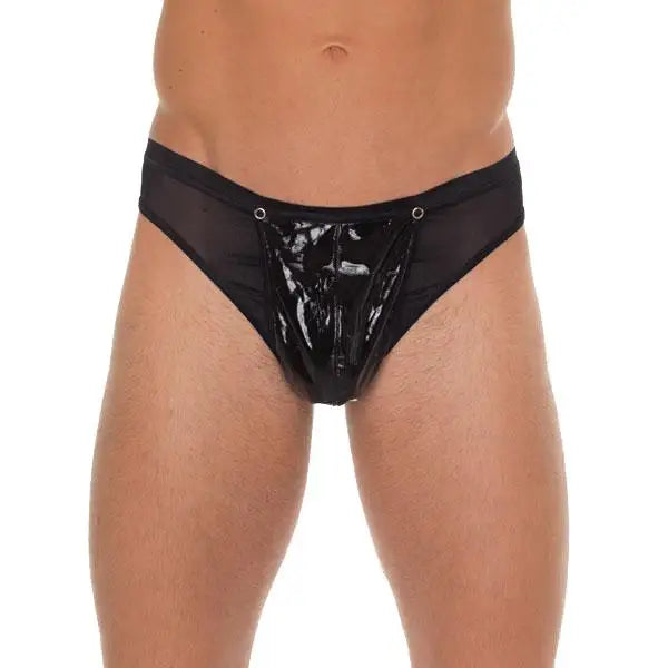 Mens Wet Look Black G - string With Pvc Pouch - Peaches and Screams