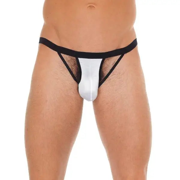 Mens Wet Look Black G-string With White Pouch - Peaches and Screams