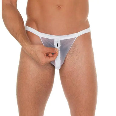 Mens White Mesh Zip Up Pouch With G-string - Peaches and Screams