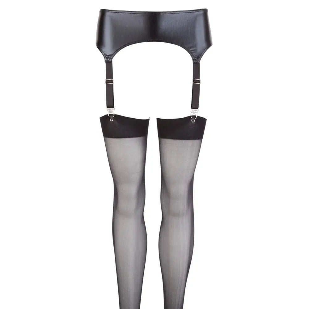 Noxqse Stretchy Wet Look Black Suspender Belt And Stockings - Small - Peaches and Screams