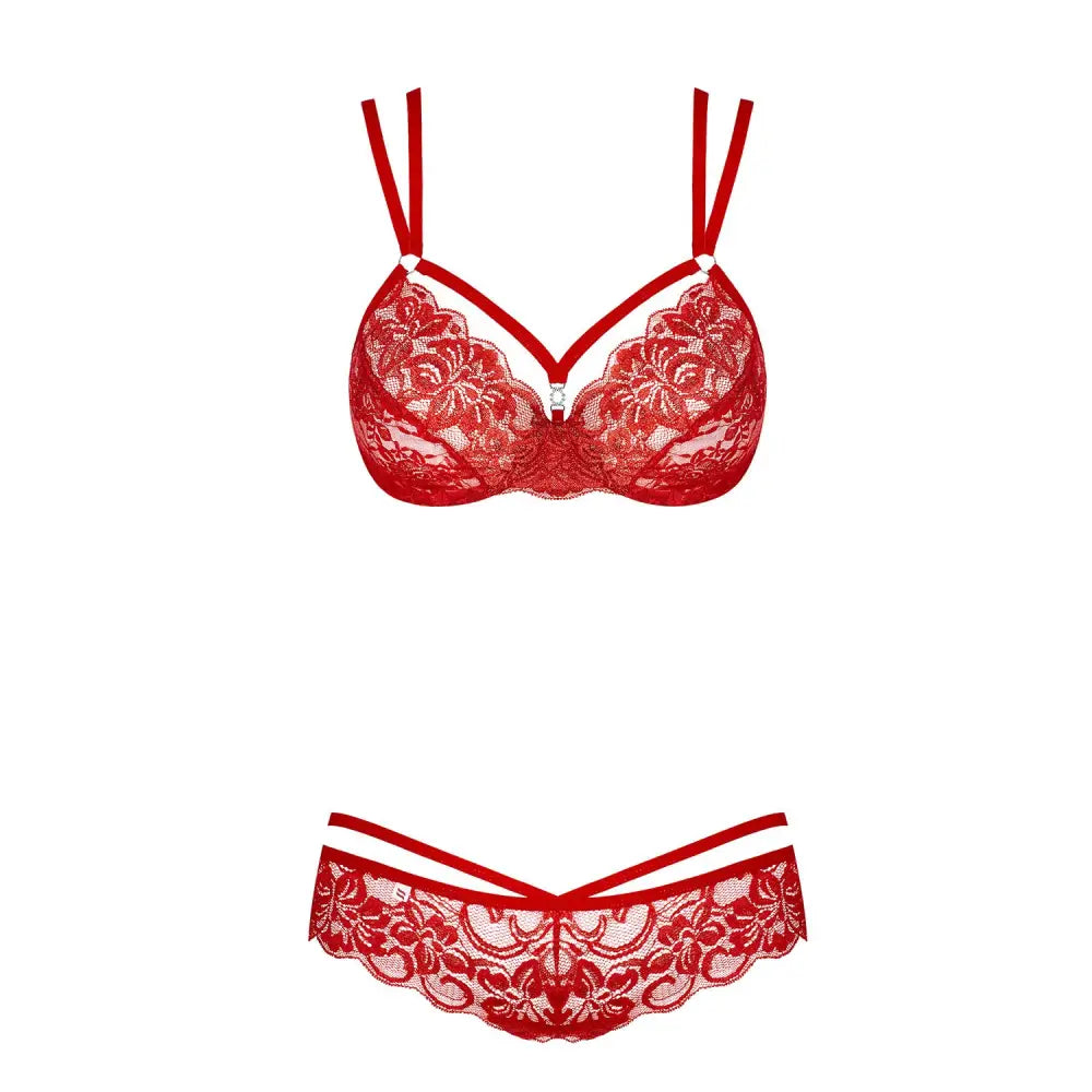 Obsessive Stretchy Red Lace Bra And G-string With Straps - Peaches and Screams