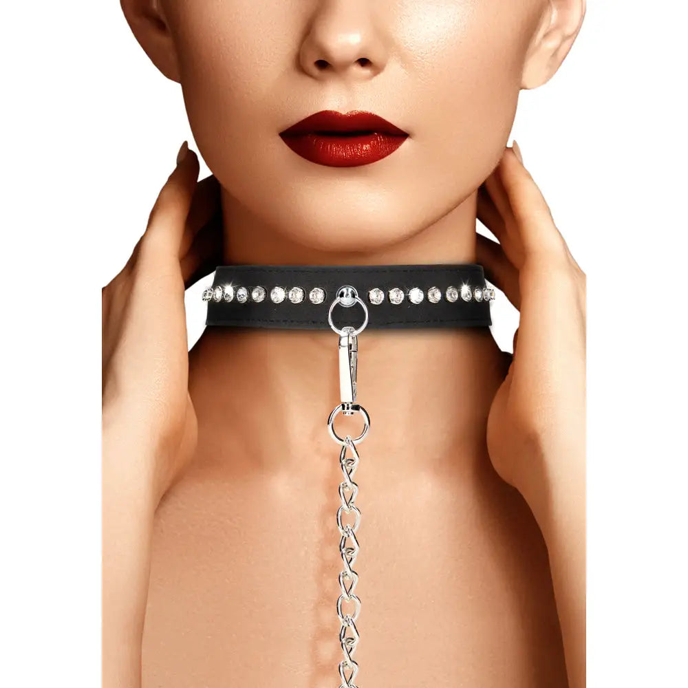 Ouch Faux Leather Diamond Studded Bondage Collar With Leash - Peaches and Screams
