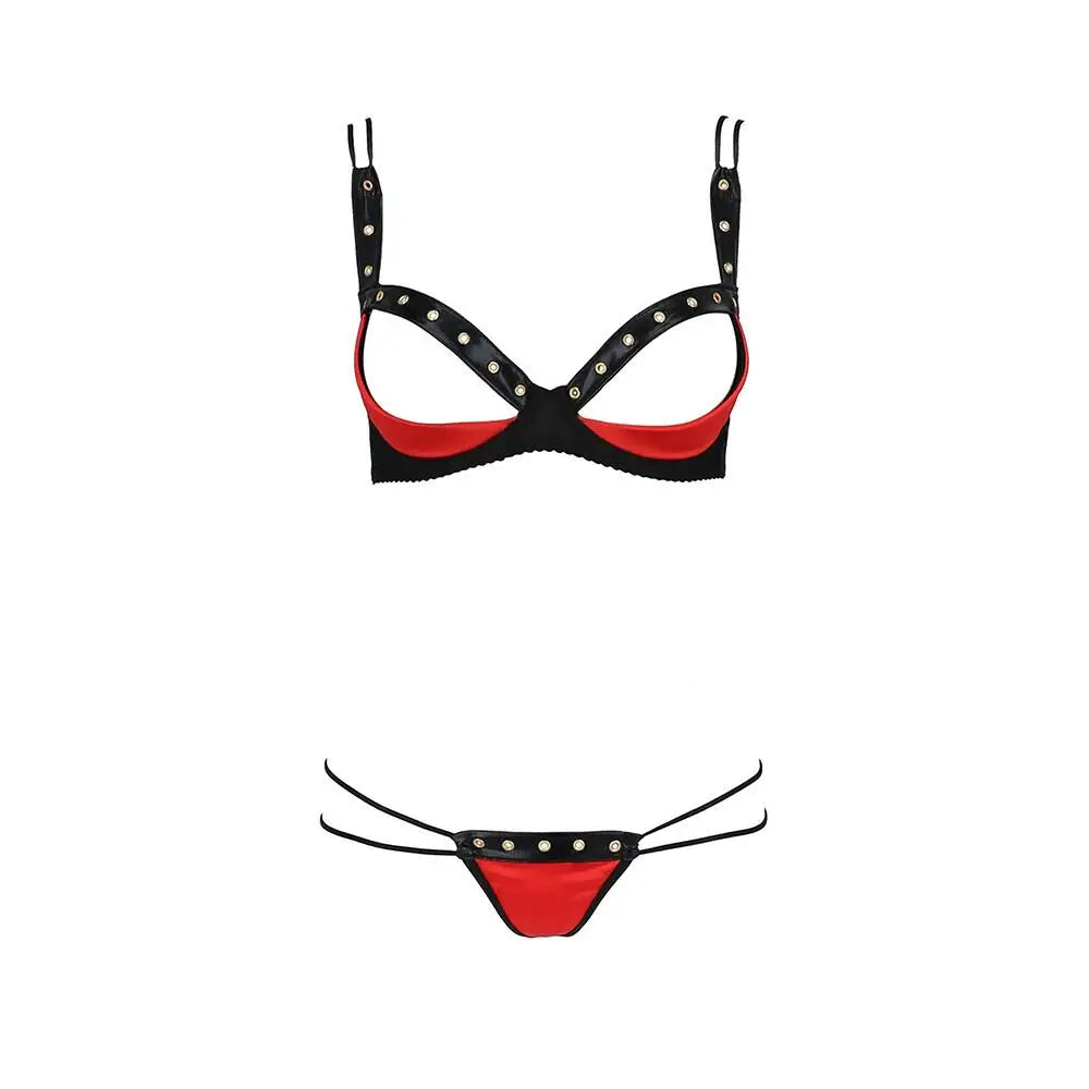 Passion Sexy Wet Look Red And Black Bra Set - L/XL - Peaches and Screams