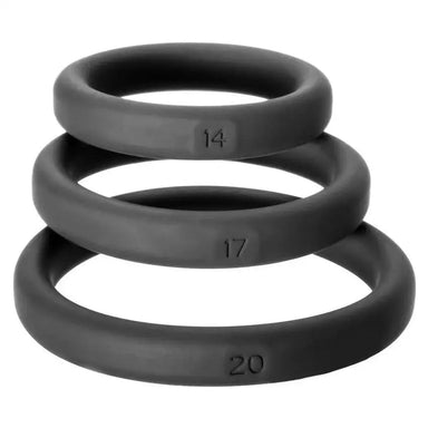 Perfect Fit Black Cock Ring Set With Size 14 17 And 20 - Peaches Screams