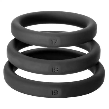 Perfect Fit Black Cock Ring Set With Size 17 18 And 19 - Peaches Screams