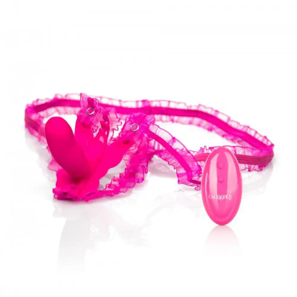 Pink Jelly Vibrating Strap on with Butterfly Clit Stim - Peaches and Screams