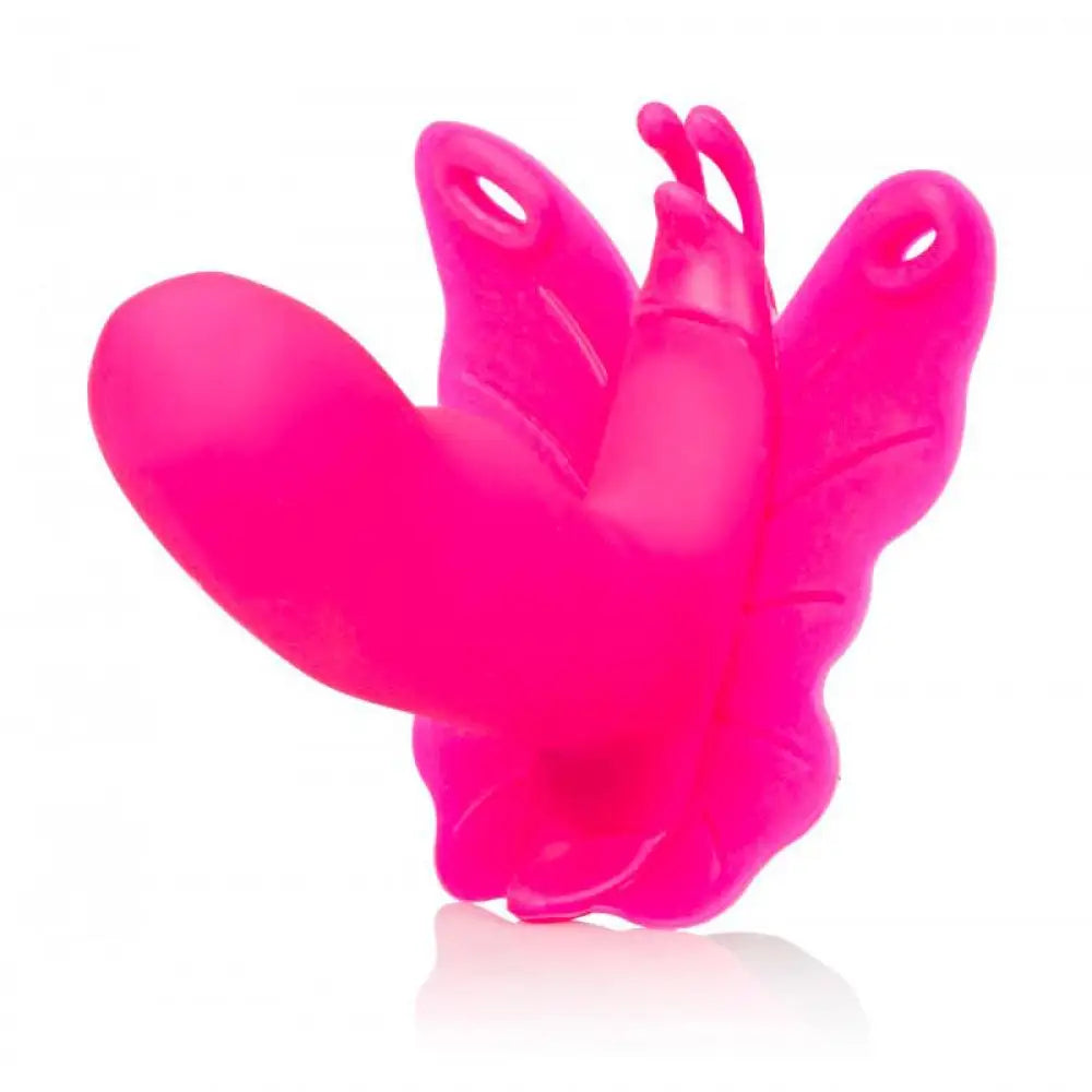 Pink jelly vibrating strap on with butterfly clit stim - peaches and screams