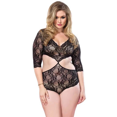 Plus-size Sexy Black Floral Lace Teddy Playsuit With Cut-out Side Detail - Peaches and Screams