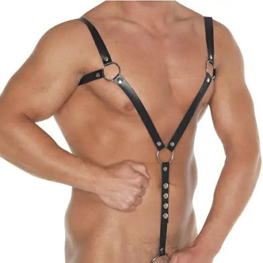 Rimba Black Leather Body Harness And Cock Ring With Buckles - Peaches and Screams
