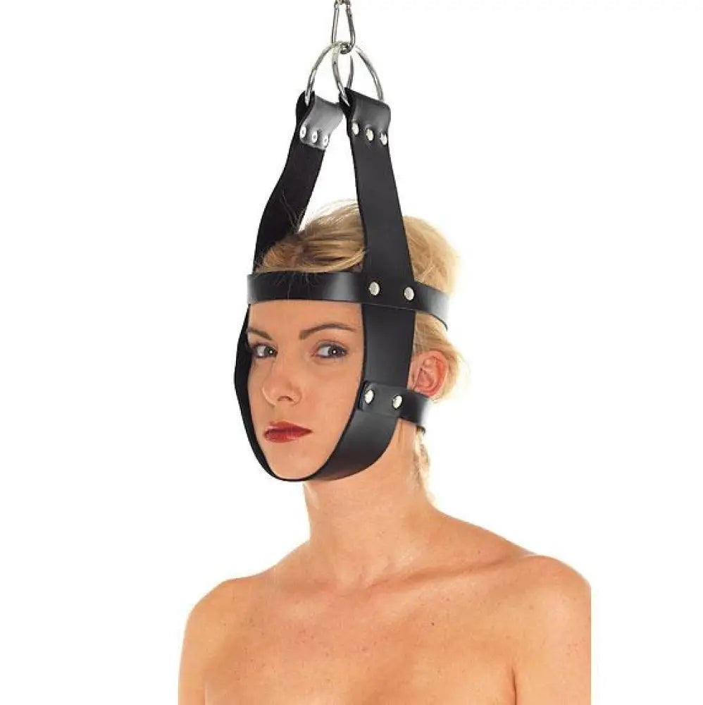 Rimba Black Leather Bondage Head Harness Restraint with Buckles - Peaches and Screams
