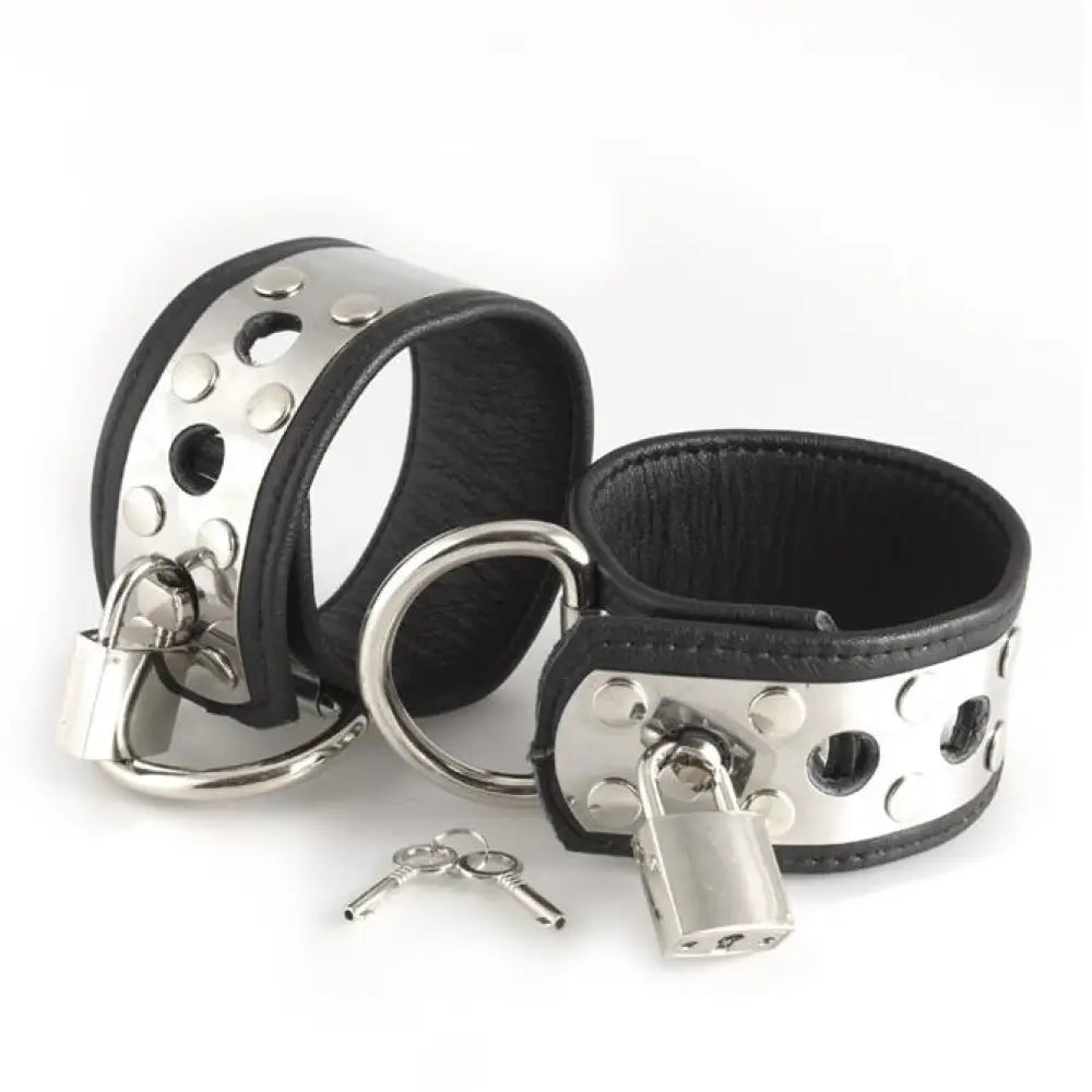 Rimba Black Leather Wrist Cuffs with Metal and Padlocks - Peaches and Screams