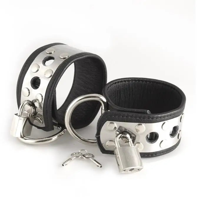 Rimba Black Leather Wrist Cuffs With Metal And Padlocks - Peaches and Screams