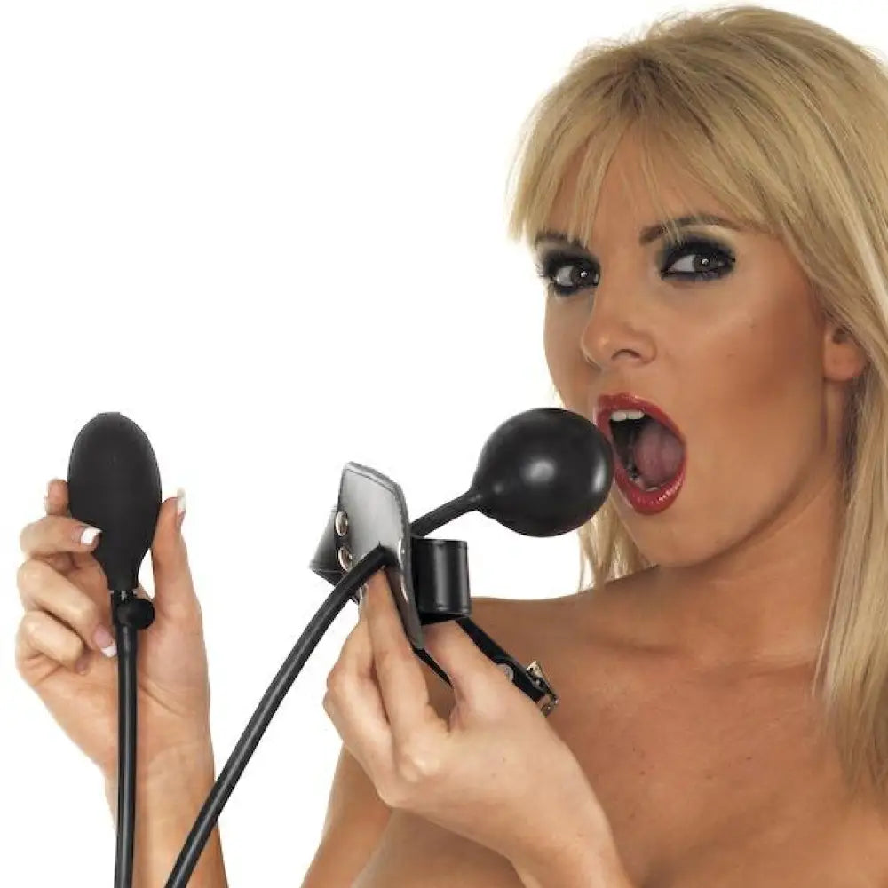 Rimba Leather Black Inflatable Gag with Buckles - Peaches and Screams